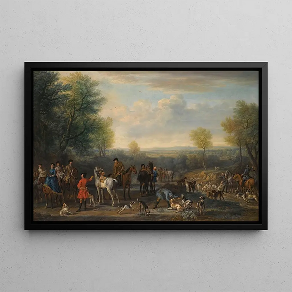 A hunting scene, possibly depicting Charles Spencer, 3rd Duke of Marlborough (1706-1758), and his wife Elizabeth, Countess of Marlborough - John Wootton — framed artwork on a wall