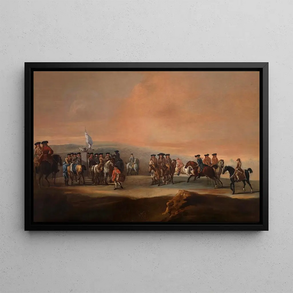 a racing meeting at Newmarket with Tragonwell Frampton 1641-1727 and other jockeys - John Wootton — framed artwork on a wall