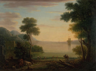 Classic landscape painting with figures and animals at sunset - John Wootton — artwork view