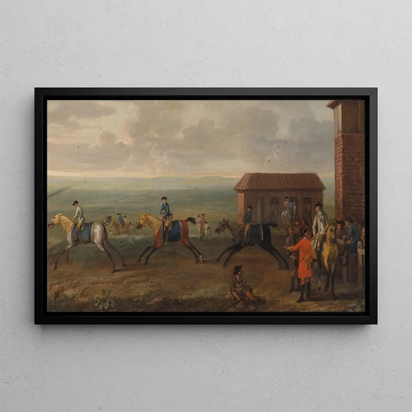 Lord Portmore Observant des Chevaux de Course à l'Exercice sur Newmarket Heath - John Wootton — framed artwork on a wall