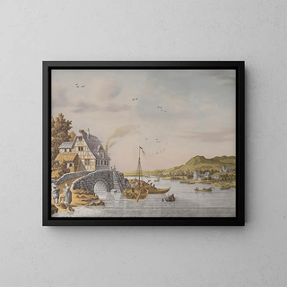 Houses by the riverbank - Jonas Zeuner — framed artwork on a wall