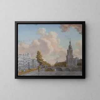 View of the tower called Jan Roodenpoortstoren and the Singel canal in Amsterdam - Jonas Zeuner — framed artwork on a wall