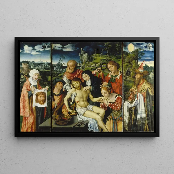 Triptych Painting with the Lamentation - Joos van Cleve — framed artwork on a wall