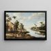 River landscape painting with figures resting near an inn - Joost Cornelisz Droochsloot — framed artwork on a wall