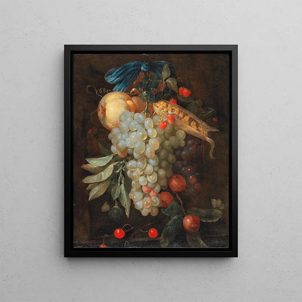 a hanging bouquet of fruits including grapes, a pear, and corn cobs with butterflies - Joris van Son — framed artwork on a wall