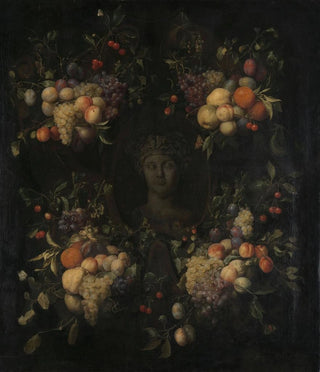 Joris van Son - Simulated Sculpted Head of a Woman in a Cartouche Decorated with Swags of Fruit.webp