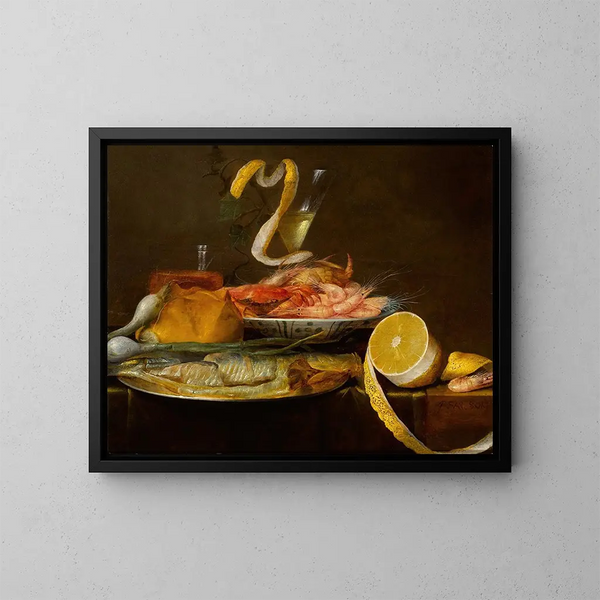 Nature morte sur table with a herring on a pewter plate, a porcelain bowl of shrimp, a glass of wine, and a partially peeled lemon - Joris van Son — framed artwork on a wall