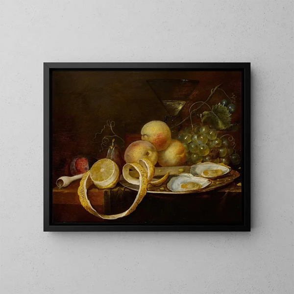 Nature morte sur table avec deux huîtres sur un plat en étain, un verre de vin, un citron partiellement pelé et un assortiment de fruits - Joris van Son — framed artwork on a wall