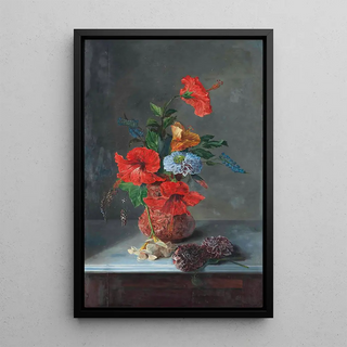 Hibiscus, freesias, dahlias, and hyacinths painting on a marble sideboard - José María Bracho Murillo — framed artwork on a wall