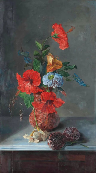 Hibiscus, freesias, dahlias, and hyacinths painting on a marble sideboard - José María Bracho Murillo — artwork view