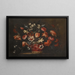 Nature morte with a basket of tulips, carnations, and other flowers on a stone pedestal - José de Arellano — framed artwork on a wall
