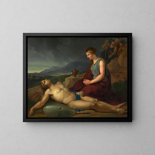 Antigone kneeling near the body of her brother Polynices - Josef Abel — framed artwork on a wall