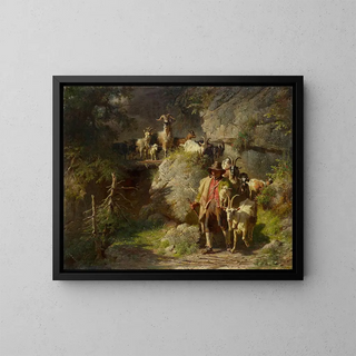 Shepherds with a flock of goats - Josef Anton Braith — framed artwork on a wall