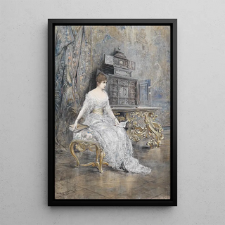 Portrait of a young woman with a sheet music - Josef Árpád Koppay — framed artwork on a wall