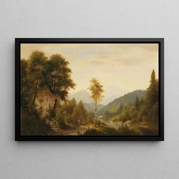 Winter landscape painting with decorative figures - Josef Burgaritzky — framed artwork on a wall