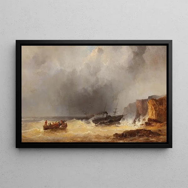 Steamship in distress at sea near a rocky coast - Josef Carl Berthold Püttner — framed artwork on a wall