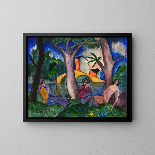 Acte féminin et deux hommes dans la verdure - Josef Eberz — framed artwork on a wall