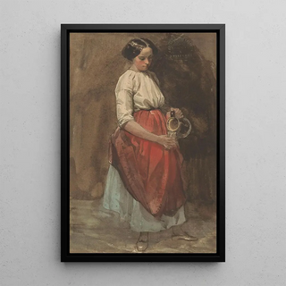 Young girl standing pouring a glass - Josef Eduard Teltscher van Elven — framed artwork on a wall