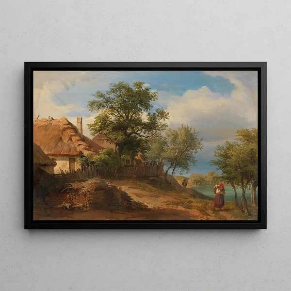 Landscape painting with thatched roof farms and decorative figures - Josef Höger — framed artwork on a wall