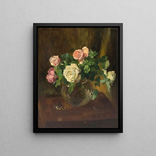 Josef Jungwirth - Stillleben mit Rosen in Glasvase und zwei Eheringen.webp