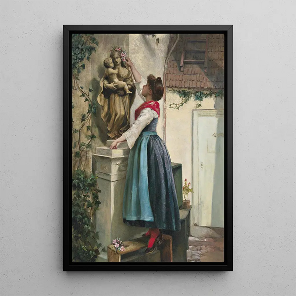 Floral decoration painting for the Virgin Mary statue - Josef Kinzel — framed artwork on a wall