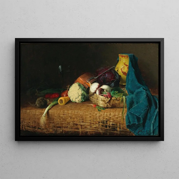 Still life of a kitchen with a jug in clay - Josef Kinzel — framed artwork on a wall