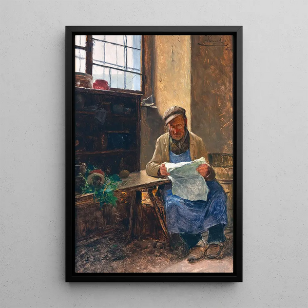 Reading the newspaper after work - Josef Kinzel — framed artwork on a wall