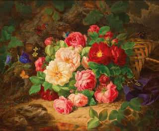 a forest scene with a still life of roses and butterflies - Josef Lauer — artwork view
