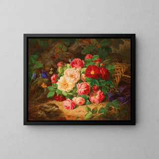 a forest scene with a still life of roses and butterflies - Josef Lauer — framed artwork on a wall