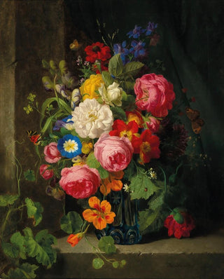 Josef Lauer - A Large Bouquet of Flowers with Roses Nasturtium and Butterflies.webp