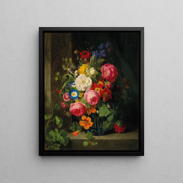 a large bouquet of flowers with roses, nasturtiums, and butterflies - Josef Lauer — framed artwork on a wall