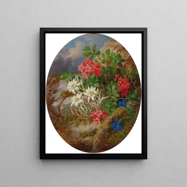Alpine Flowers Painting - Josef Lauer — framed artwork on a wall
