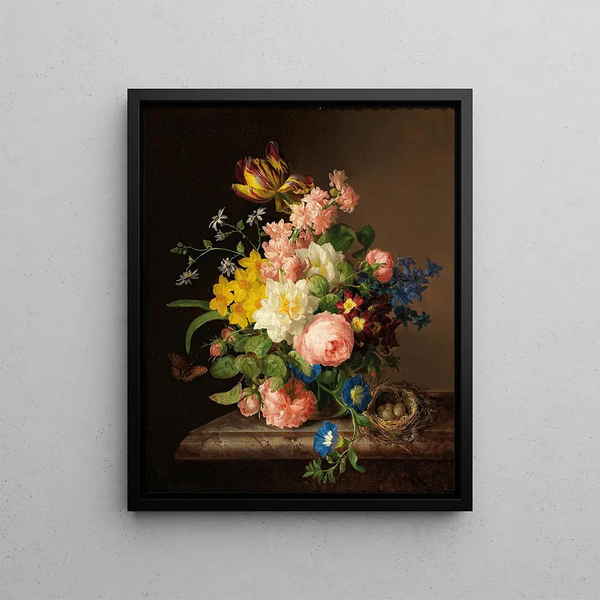 Bouquet avec nid d'oiseau et papillon - Josef Lauer — framed artwork on a wall