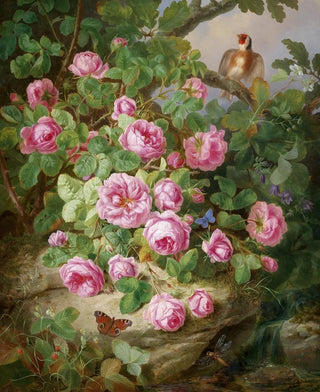 Josef Lauer - Groes Rosenstillleben mit Schmetterlingen und Vogel.webp