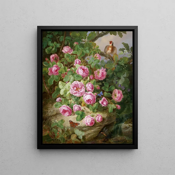 Large still life painting of roses with butterflies and birds - Josef Lauer — framed artwork on a wall