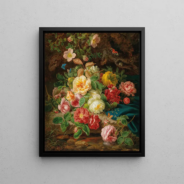 Roseraie avec des papillons au bord du ruisseau forestier - Josef Lauer — framed artwork on a wall