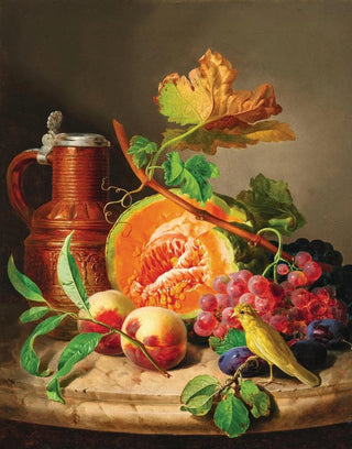 Josef Lauer - Still Life on a Marble Top with a Pumpkin Grapes a Peach and a Canary.webp