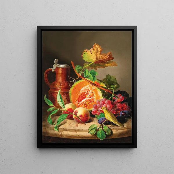 a Still life on a marble tray with a pumpkin, grapes, a peach, and a canary - Josef Lauer — framed artwork on a wall