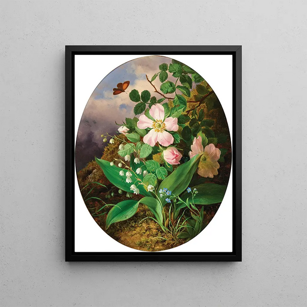 Still life with lily of the valley thoughts and wild roses - Josef Lauer — framed artwork on a wall
