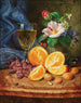 Nature morte with oranges, a wine glass, and camellias in a vase - Josef Lauer — artwork view
