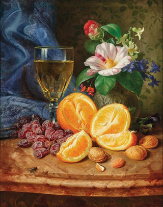 Josef Lauer - Still Life with Oranges a Wine Glass and Camellias in a Vase.webp