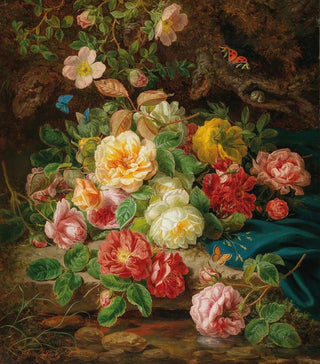 Josef Lauer - Still Life with Roses and Butterflies by a Brook in a Forest.webp