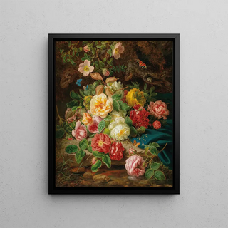 Josef Lauer - Still Life with Roses and Butterflies by a Brook in a Forest.webp