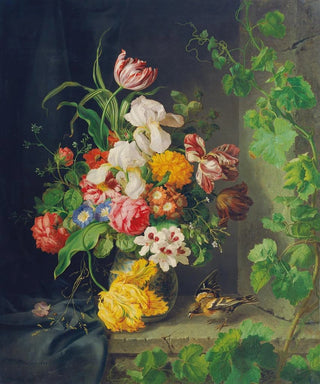 Josef Lauer - Still life with flowers sparrow and vine branch.webp