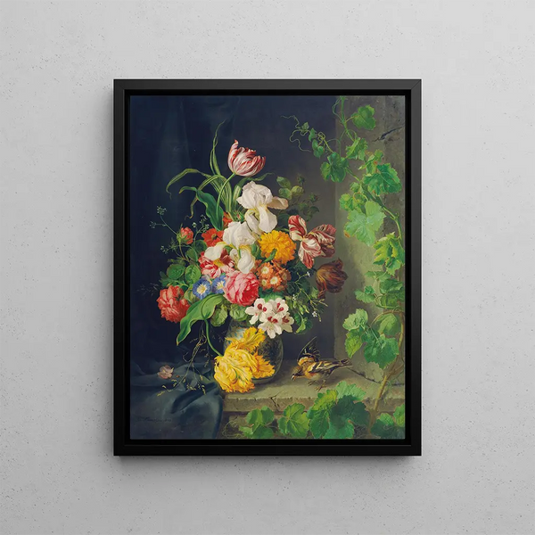 Still life with flowers, a sparrow, and a vine branch - Josef Lauer — framed artwork on a wall