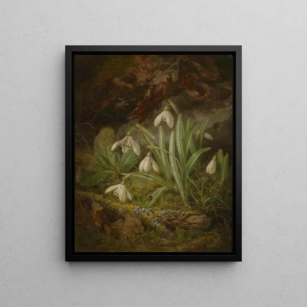 a forest floor painting with snowdrops - Josef Lauer — framed artwork on a wall