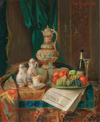 Josef Mansfeld - A Still Life with a Historicist Ewer a Plate of Fruit and a Newspaper.webp