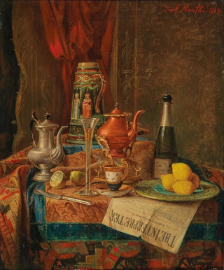 Josef Mansfeld - An Opulent Still Life with a Champagne Glass and a Majolica Ewer.webp