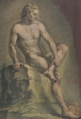 Nude painting of a man sitting on a stone looking to the right - Josef Neher — artwork view