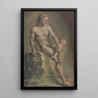 Nude painting of a man sitting on a stone looking to the right - Josef Neher — framed artwork on a wall